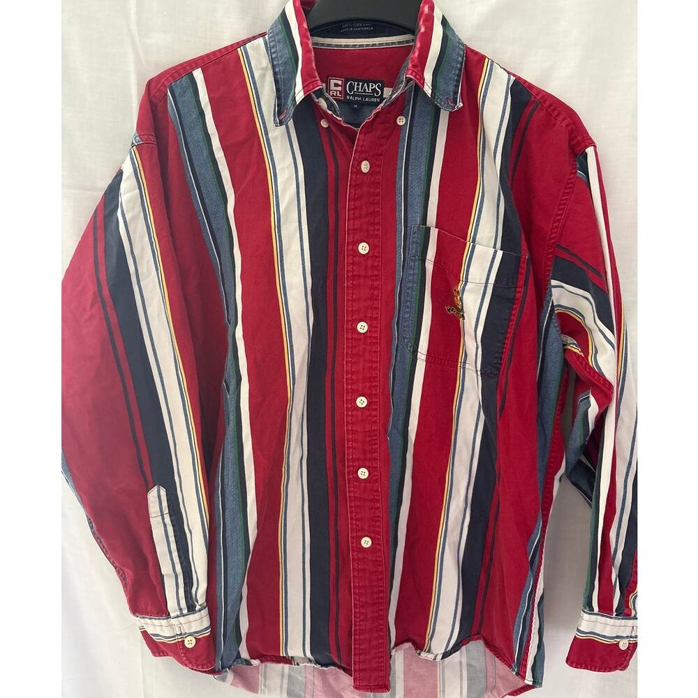 Chaps Ralph Lauren Vintage 90s Vertical Stripe Button Down Shirt Crest Logo M